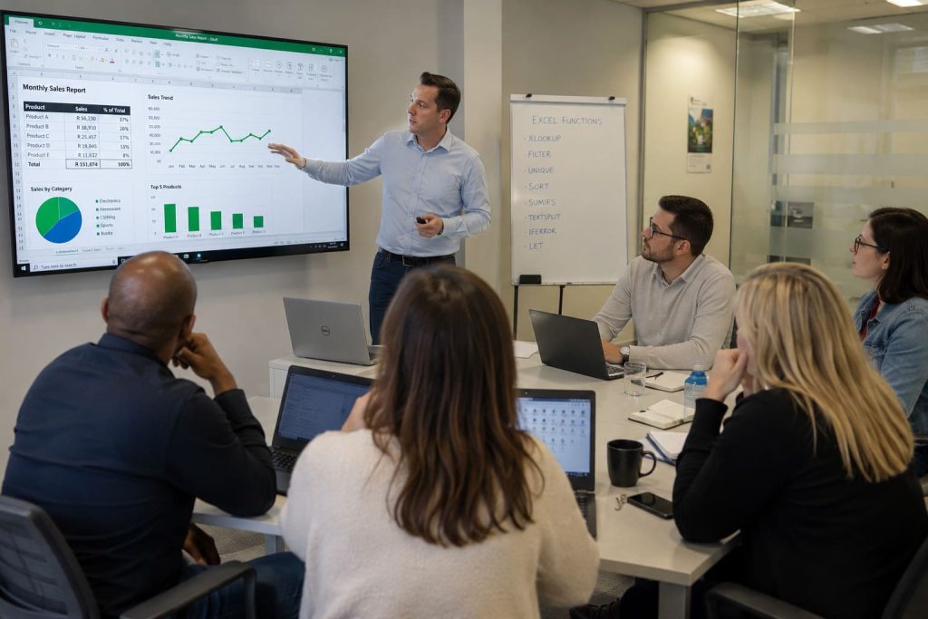 Corporate Microsoft Excel training session with trainer presenting Excel functions to a business team in a modern office meeting room.