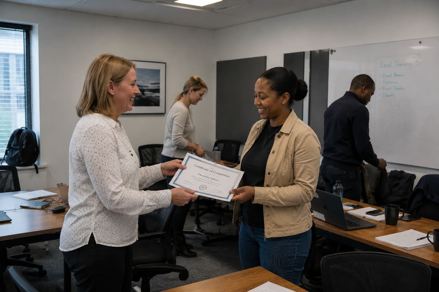 Female Microsoft Excel trainer presenting a corporate training course to employees in a South African office.