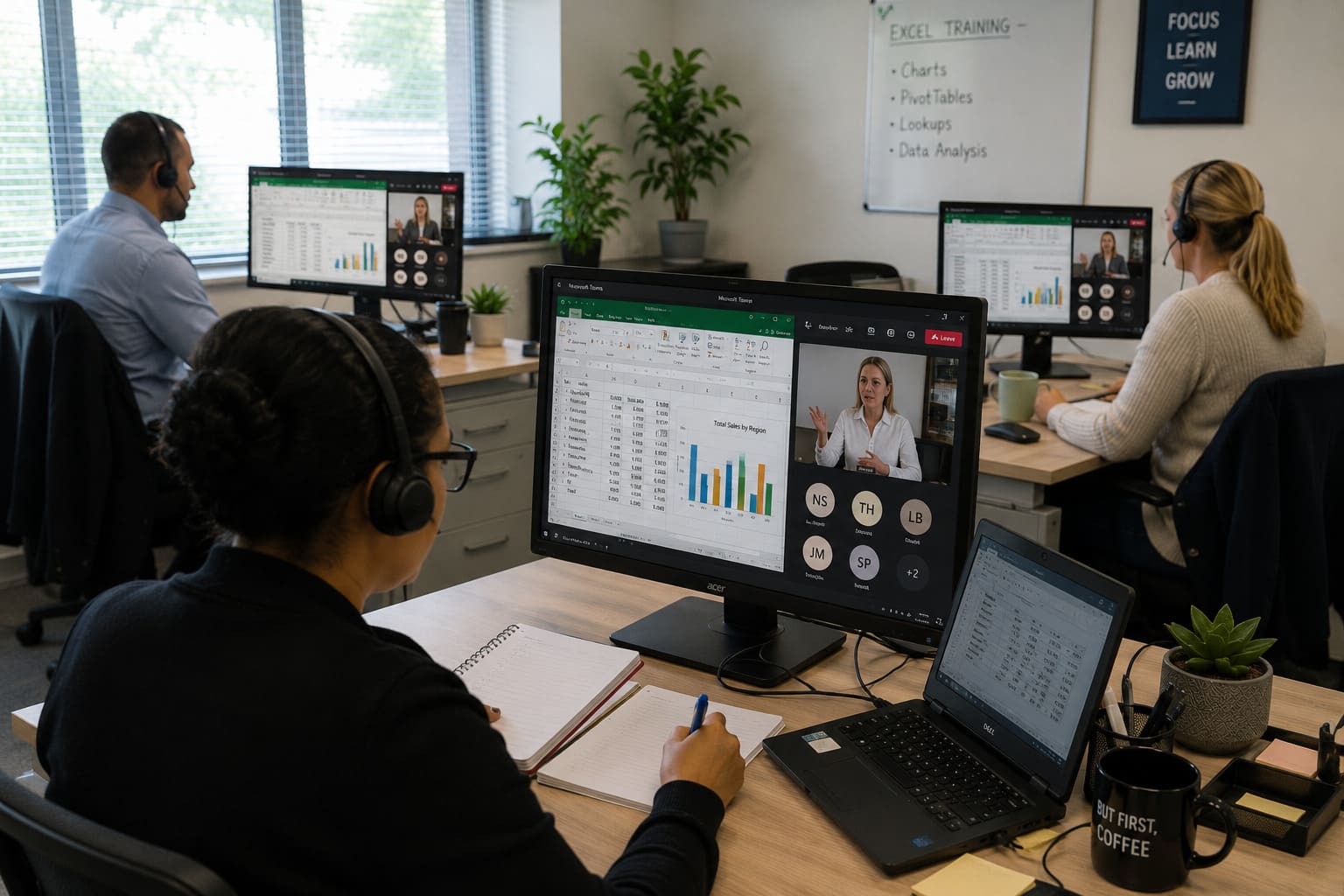 Male Microsoft Excel trainer presenting spreadsheet techniques to employees during a corporate training course.