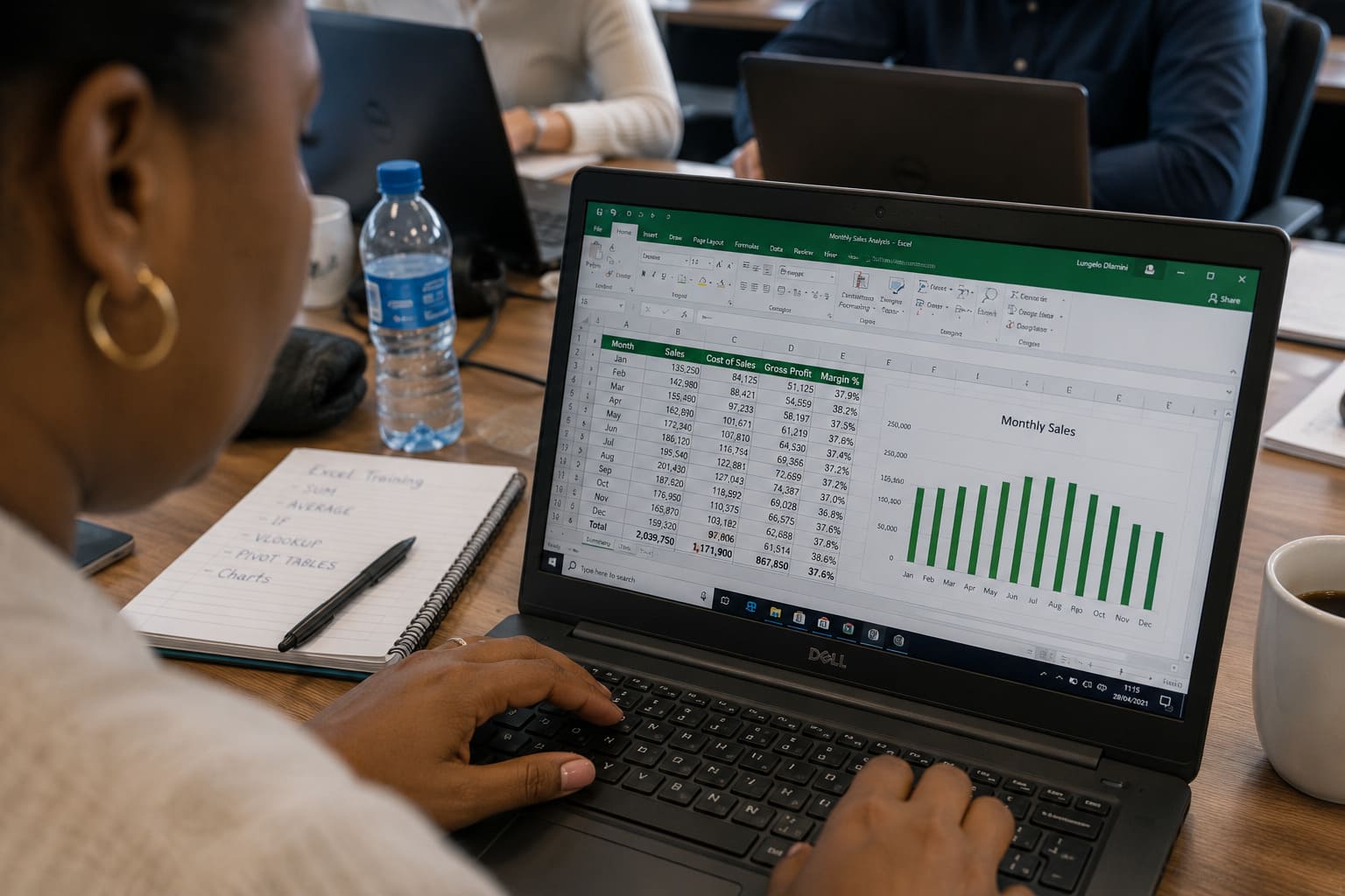 Female trainer presenting a Microsoft Excel course certificate to an employee after corporate training while colleagues pack away in the background.