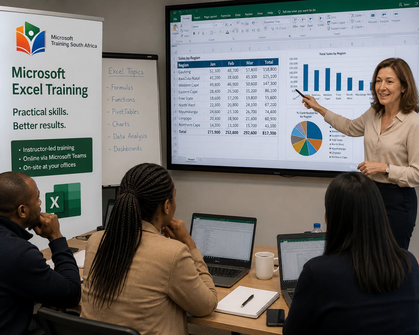 Male Microsoft Office trainer discussing a customised Microsoft Excel training programme with an HR manager at a meeting table.