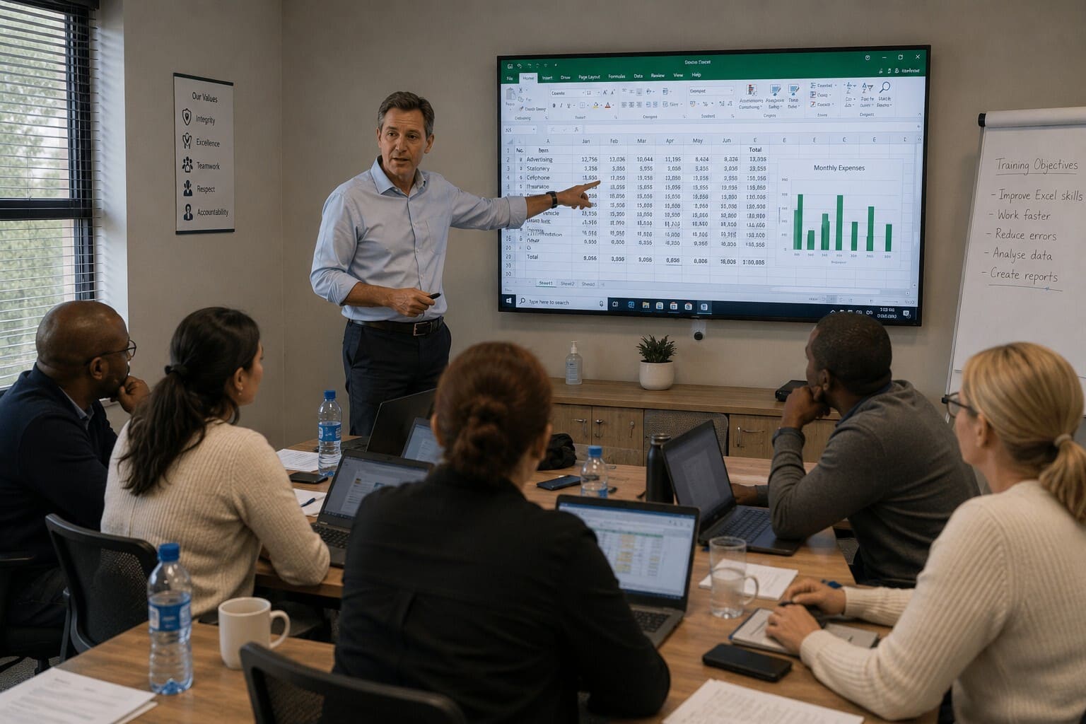 Male Microsoft Office trainer discussing a customised Microsoft Excel training plan with an HR manager in an office.
