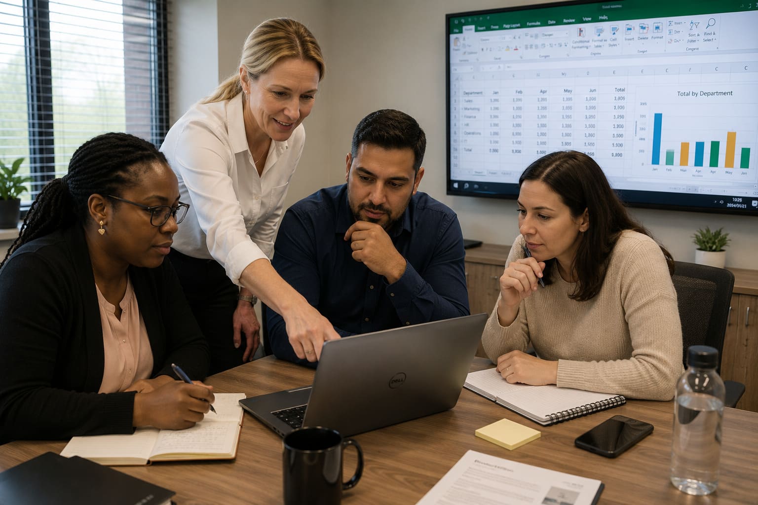 Employees attending a live Microsoft Excel training course through Microsoft Teams from their office desks.